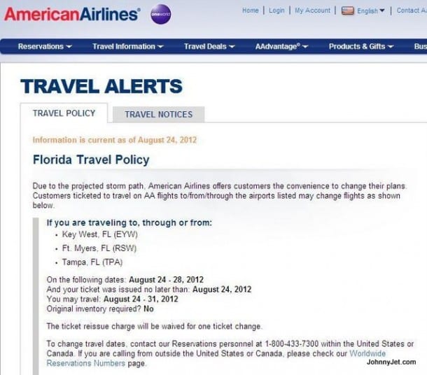 AA Hurricane Isaac Travel Alert