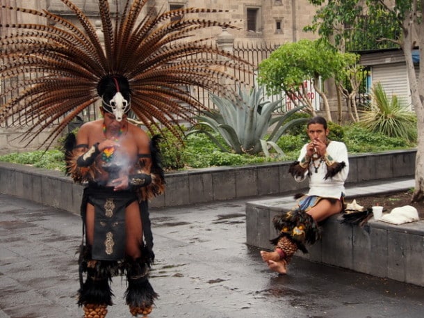 Aztec guys outside Templo Mayor Museum