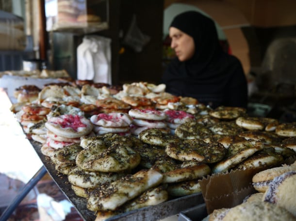 Za'atar spices up the baked dough at front. Abulafia bakery in Jaffo.