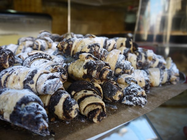 Chocolate croissants tempt passersby at Abulafia bakery