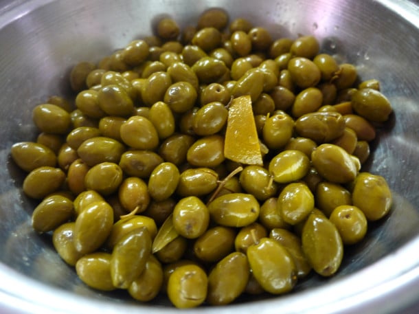 Fresh green olives at Nora's Kitchen