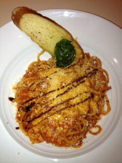 Spaghetti with fresh basil and pomodoro sauce at Tesoro Cove 