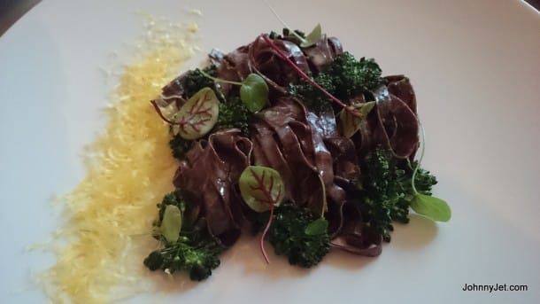 Cocoa tagliatelle with broccolini and hon shimeji in Hotel Chandler NYC
