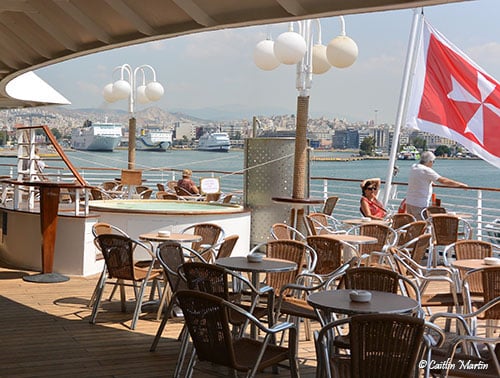 Deck five of Cristal—jacuzzi and a view leaving Athens