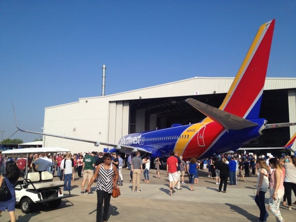 Heart One, the first in Southwest's new livery, sits at a hangar at Dallas Love Field