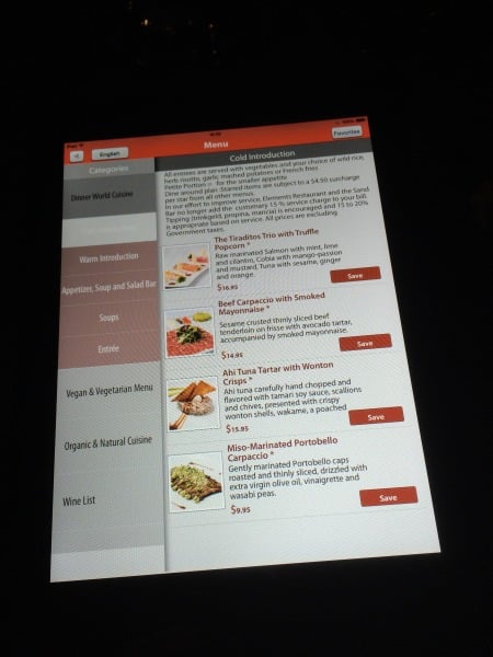 Digital menu at Bucuti Beach Resort
