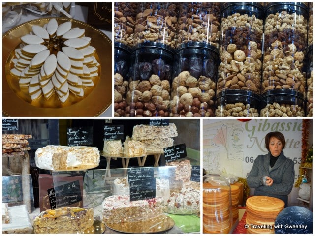 "From top left: Calissons d’Aix; nuts,figs,raisins; Pompe a l’huile; and nougat desserts"