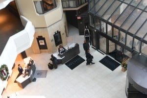 Lobby looking down from interior atrium suite