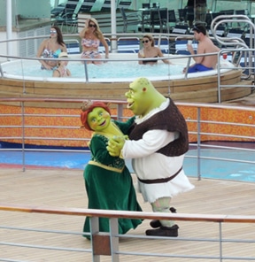 Shrek dances poolside