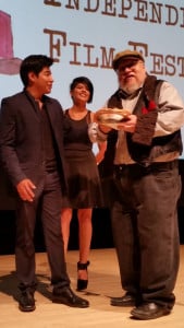 George R.R. Martin receiving his Santa Fe Independent Film Festival Lifetime Achievement Award, and pie. He said, "I like pie".