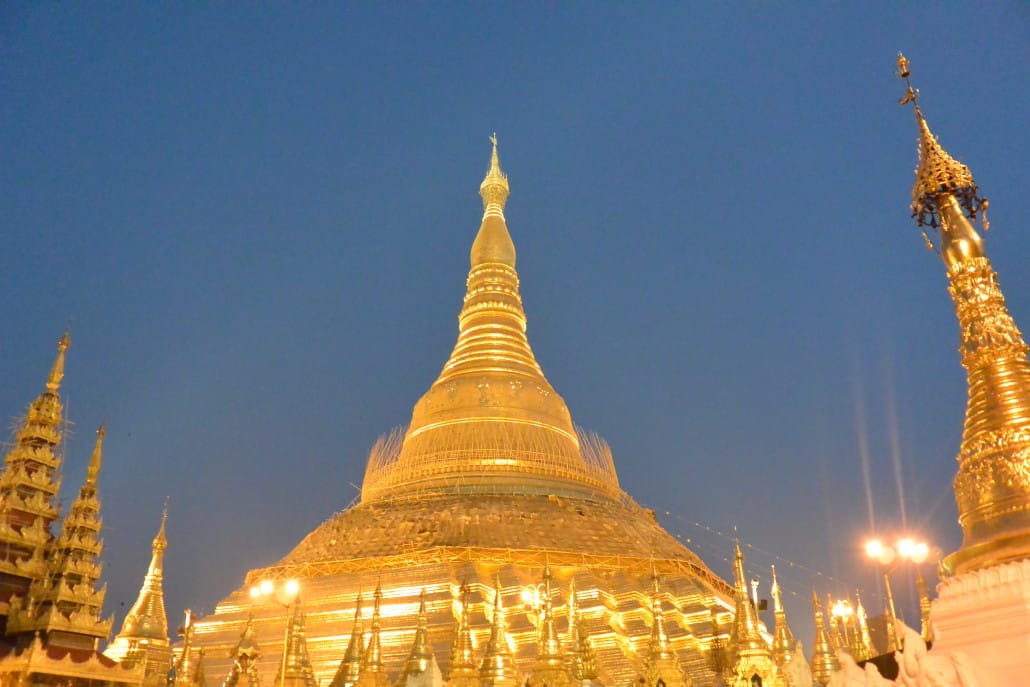 Shwedagon Pagoda in Myanmar's capital city, Rangoon, as the evening twilight sets in