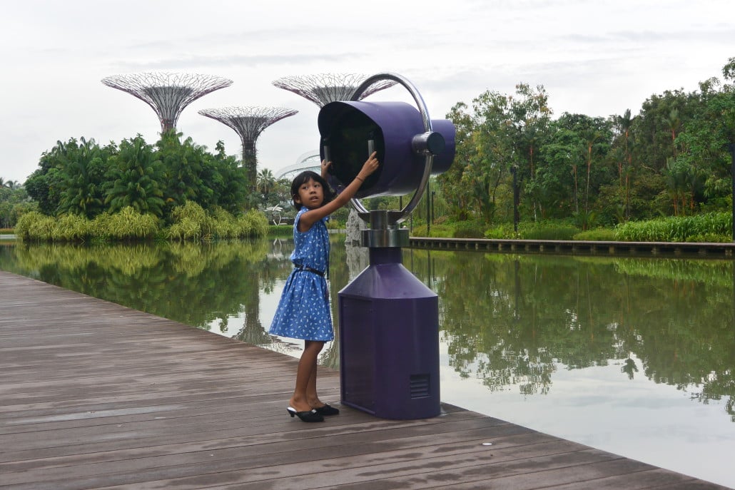 A little girl attempts to see the Supertrees from afar