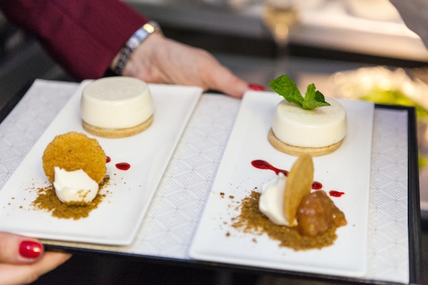 Cardamom panna cotta with rhubarb and apple compote mascarpone (Credit: Russ Kuhner)