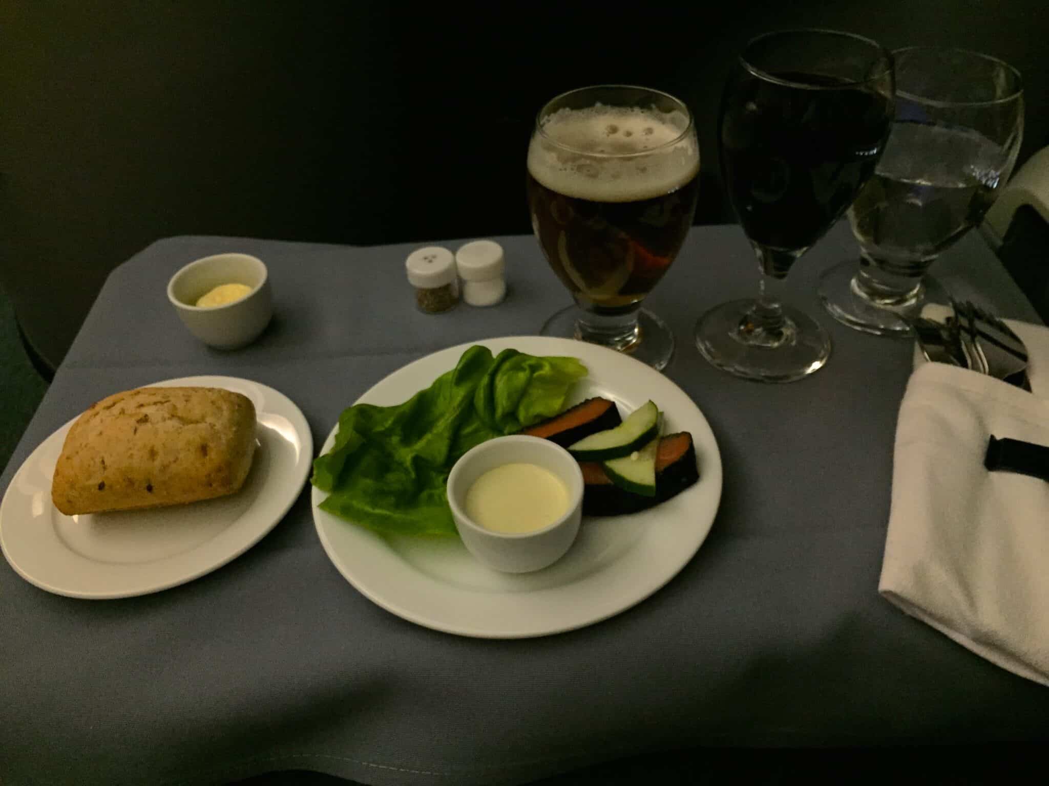 Chilled Appetizer (EWR-NCL): Nori-wrapped smoked salmon with wasabi mayonnaise