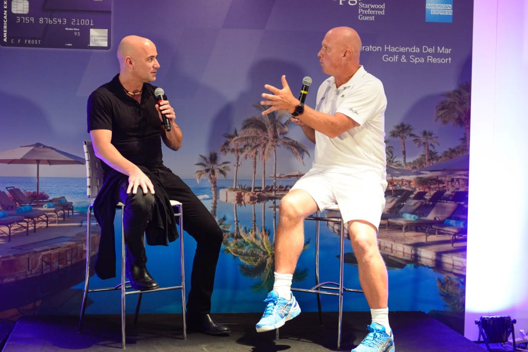 Surprise guest Andre Agassi being interviewed by Murphy Jensen