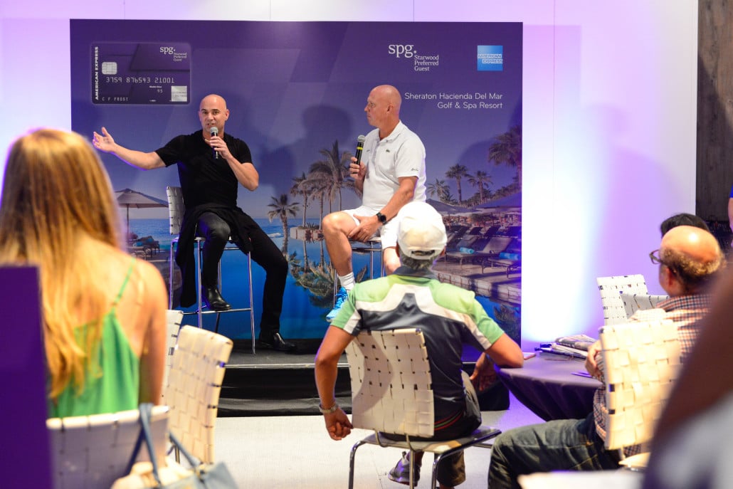 Surprise guest Andre Agassi being interviewed by Murphy Jensen