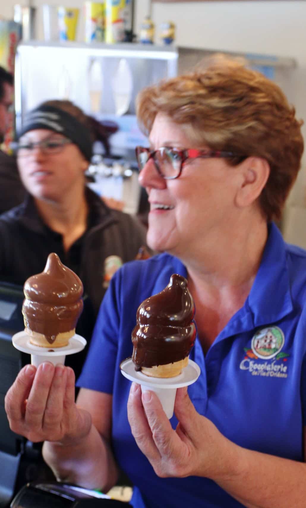 Sampling chocolate dipped ice cream at Chocolaterie de l'Ile d'Orléans (Credit: Bill Rockwell)