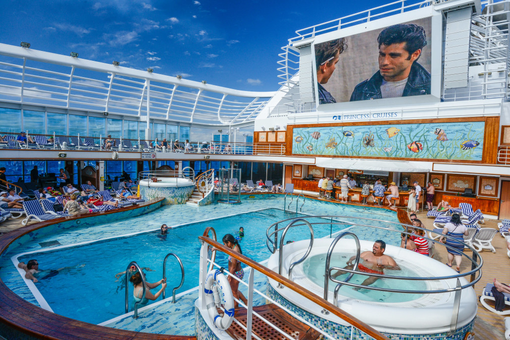 300-square-foot LED poolside screen playing Grease on our first day at sea