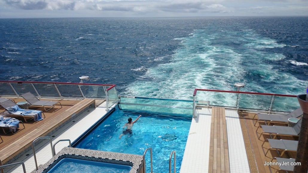 Johnny Jet's trip on the Viking Star, looking at the glass-backed infinity pool