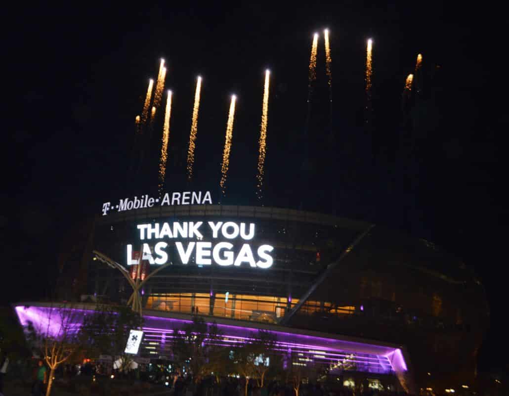 Fireworks explode over T-Mobile Arena after the opening night event