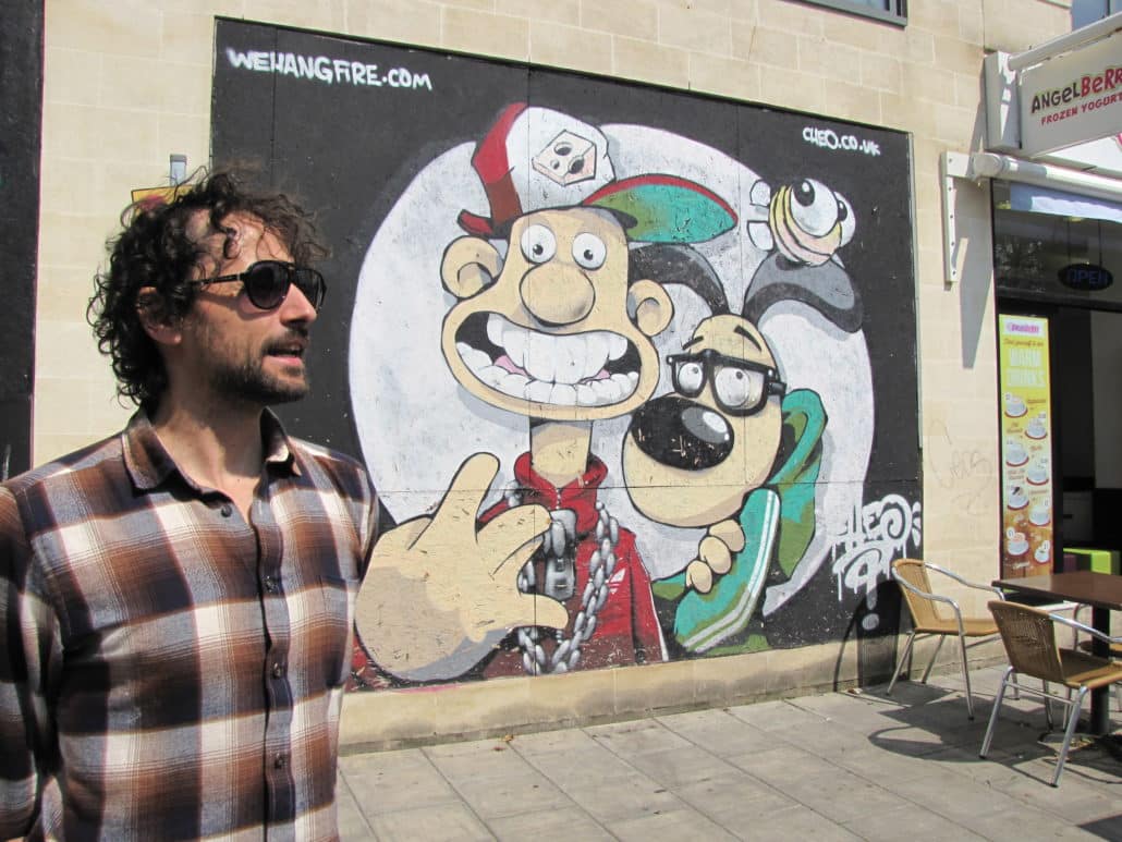 Bristol’s vibrant street art includes this cartoon by early street artist Cheo