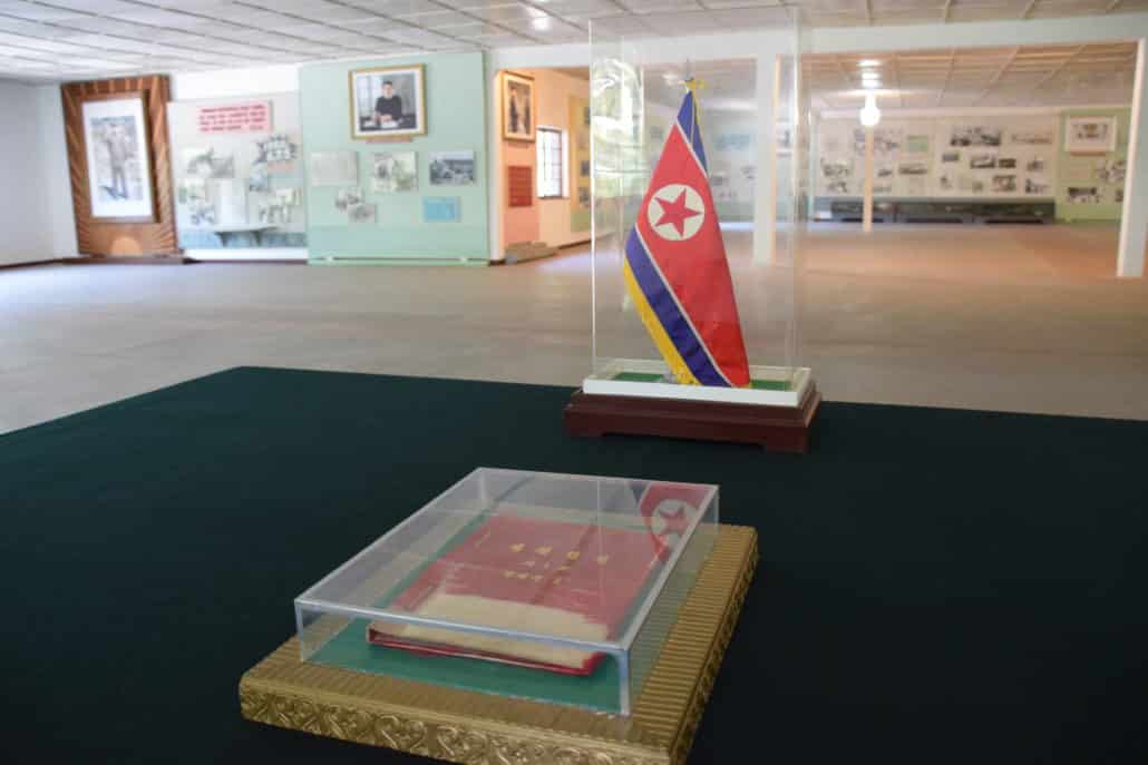 Inside the building where the 1953 armistice agreement that led to cessation of hostilities in the Korean War was signed. In the foreground is a Korean-language copy of the armistice agreement.
