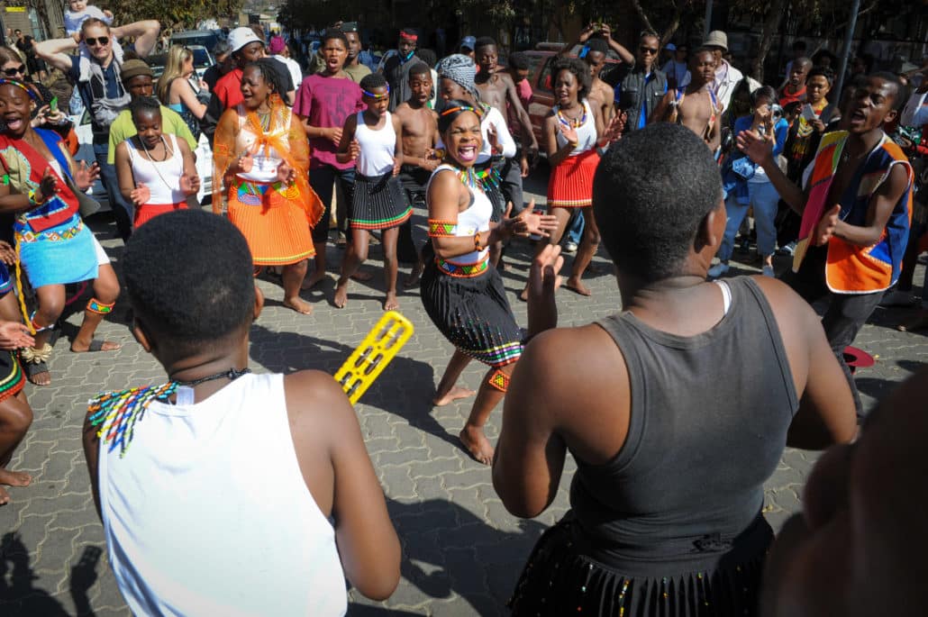 Street performers tell their story with song and dancing at Market on Main, Maboneng precinct
