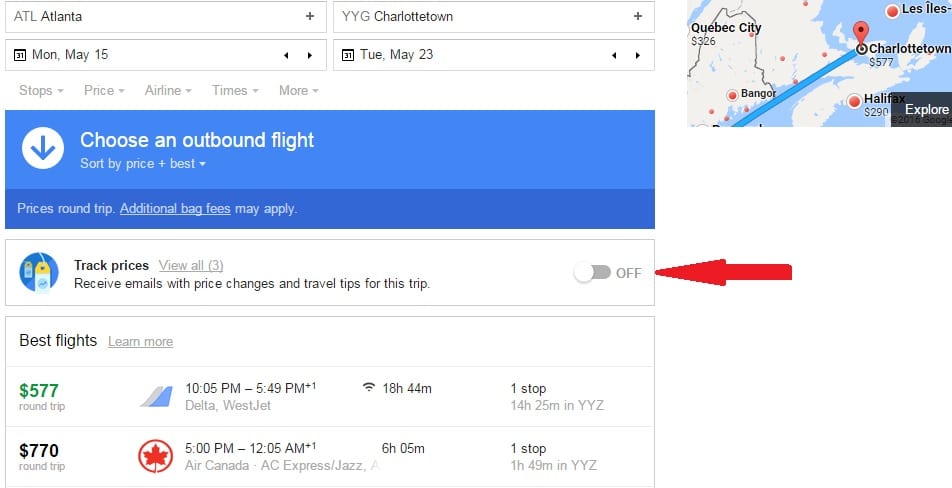 Turning price tracking on before selecting an outbound flight will monitor the cheapest flight regardless of carrier or travel times.