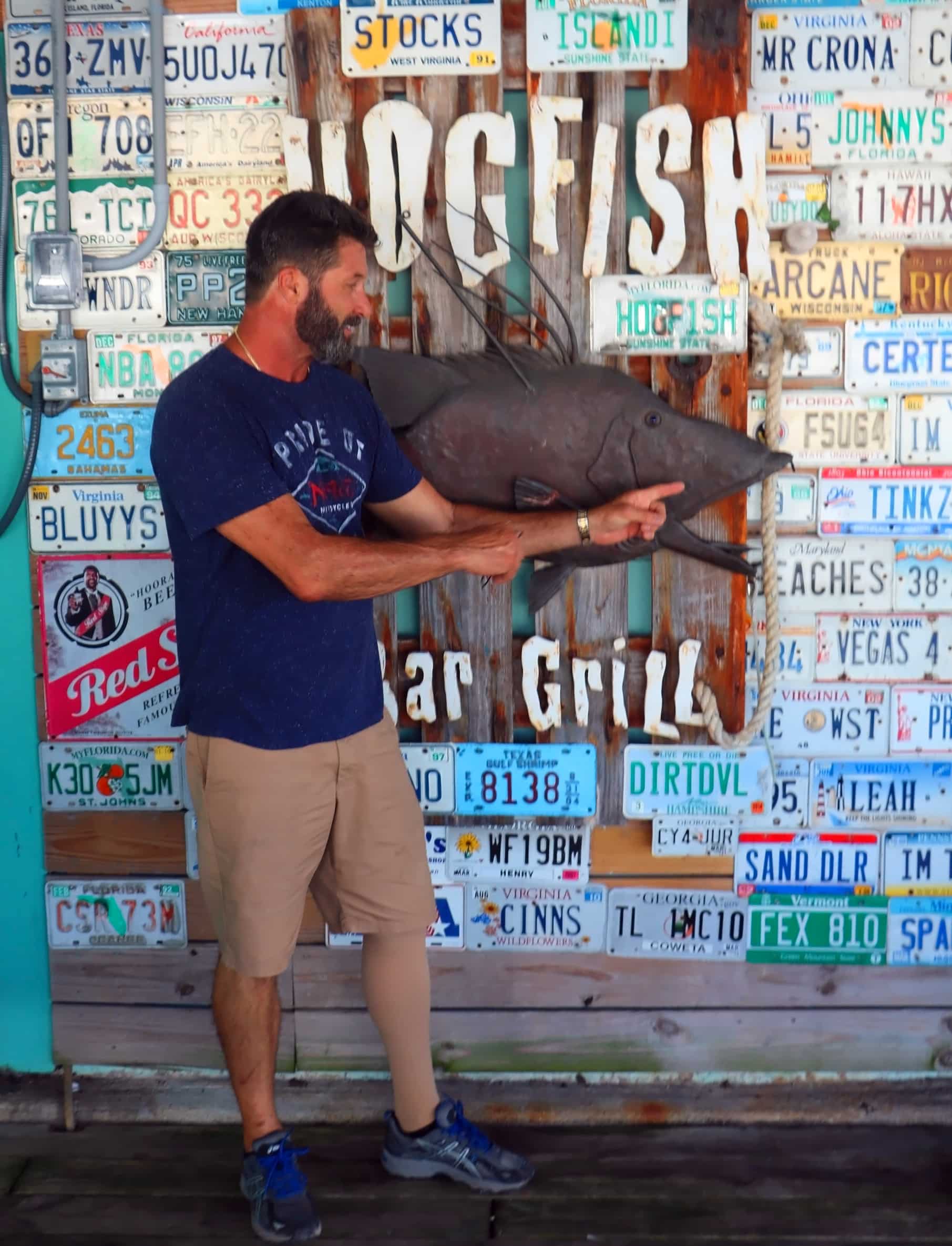 Owner Bobby Mongelli alongside hogfish model and license plates of diners from around the nation (Credit: Bill Rockwell)