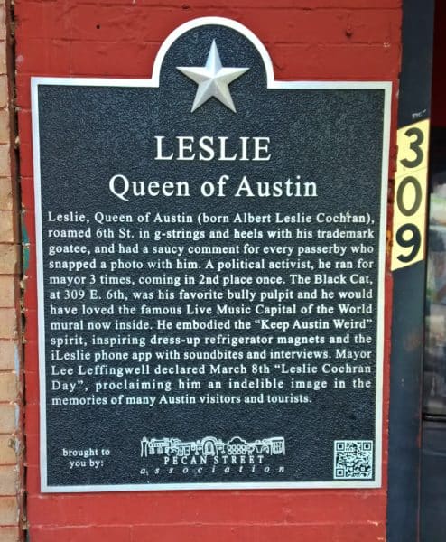 Leslie, Queen of Austin, remembered on plaque on E. 6th Street