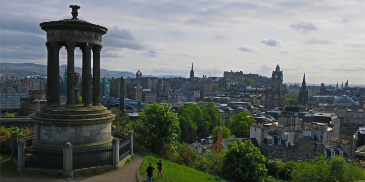 Dugald Stewart Monument on Calton Hill with views of downtown Edinburgh