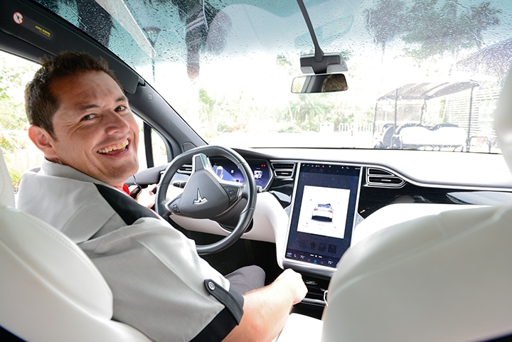 A chaperoned Tesla Model X will take you wherever you want to go in downtown Naples