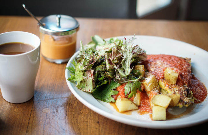 Seasonal veggie frittata with housemade hot sauce and Four Barrel Coffee from Lowell's