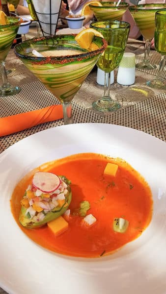 Lunch is served: tamarind margarita and ceviche with avocado in a tomato bisque