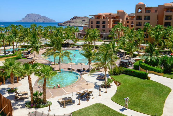 View from my fourth-floor balcony: five pools and the Sea of Cortez