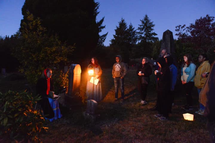 Jennifer Von Bergen gives a local history lesson on the annual Forest Grove Cemetery Tour in Tenino, WA