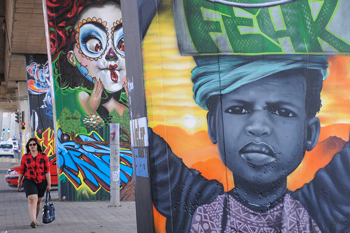 Murals painted under the M1 highway in Johannesburg's Newtown area