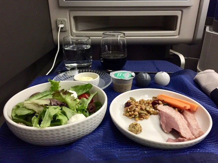 Chilled appetizer: smoked duck, farro salad with dried cranberries, brined carrots, and whole-grain mustard (plus a salad with mozzarella and grape tomatoes)