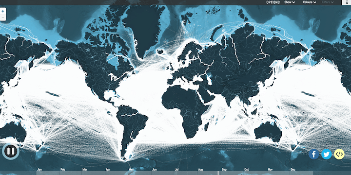 This map beautifully visualizes the paths of the world's cargo ships