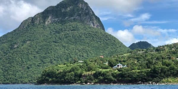 Gros Piton and the Saint Lucian coast, seen from a catamaran